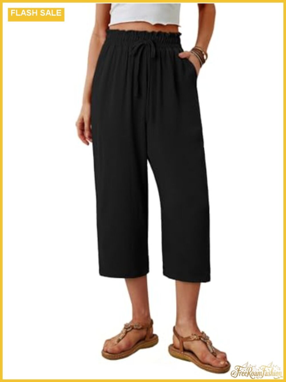 Women's Wide Leg Capri Pants High Waisted Paper Bag Palazzo Pockets